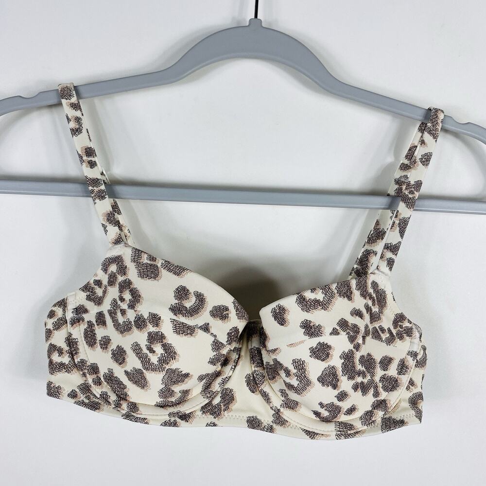 Aerie Bikini Top 32B Animal Print Plunge Lightly Lined Underwire Cream Brown